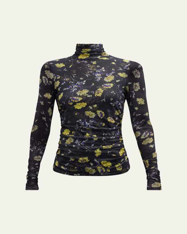 Bridgette Shirred Mesh Turtleneck Top